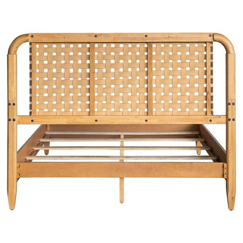 Roomfitters Woven Faux Leather Bed, Mid Century Modern Queen Size Wood Frame, Platform Headboard Furniture, Natural