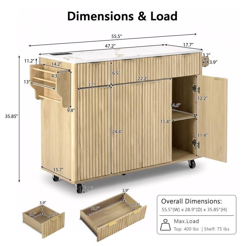 55.5" Fluted Storage Kitchen Island with Drop Leaf and Power Outlet and 3 Drawers
