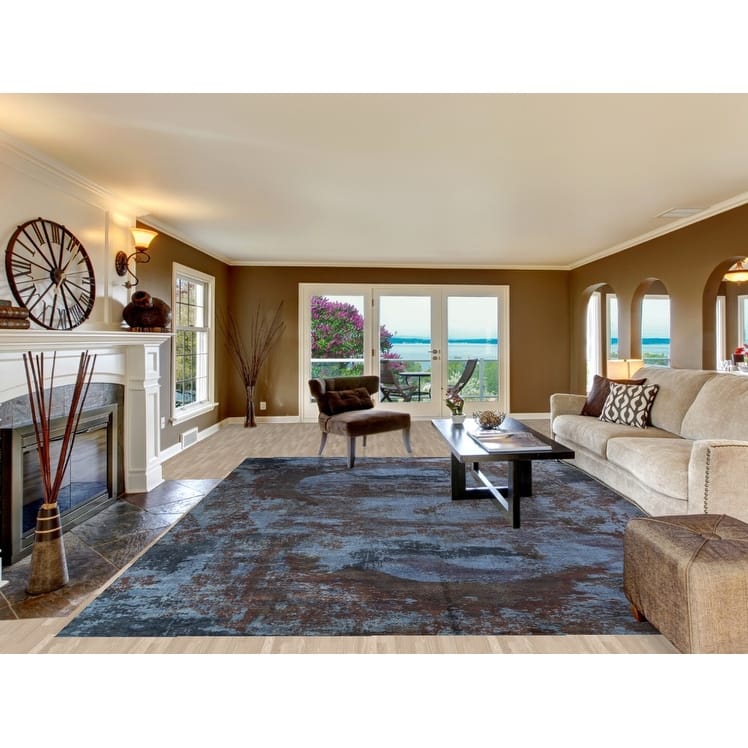 All-Over Blue Abstract Indian Area Rug Handmade Wool Carpet - 9'11"x 13'2"