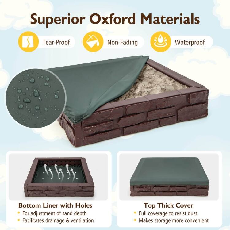 Outdoor Kids Sandbox with Cover and Bottom Liner for Backyard Play