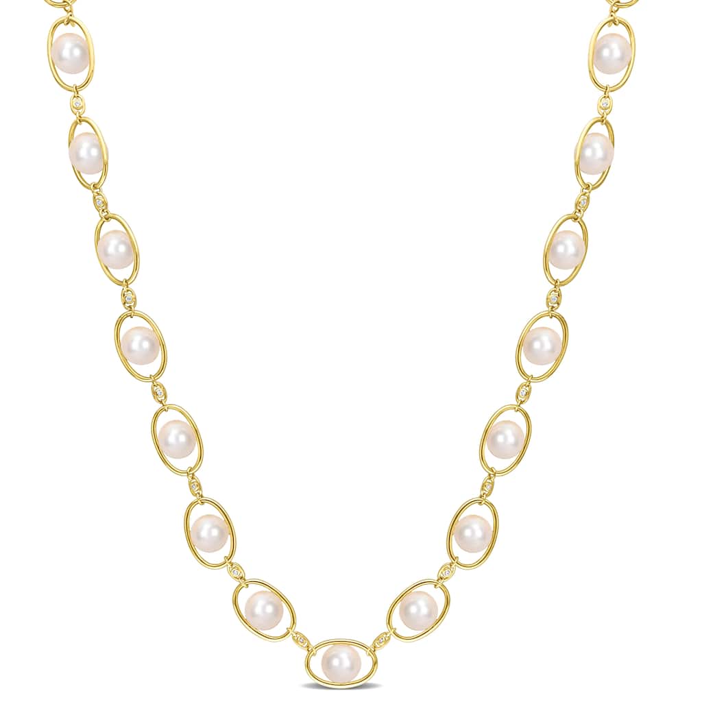Miadora 8-8.5mm Cultured Freshwater Pearl and 1/3ct TGW Cubic Zirconia Oval Link Necklace in 18k Yellow Silver22 in