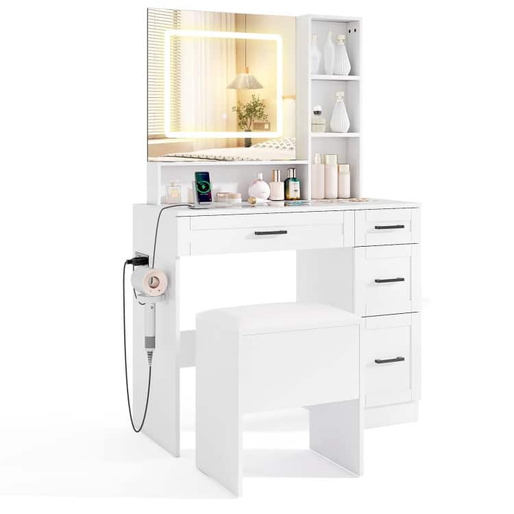 White Vanity Desk with LED Mirror Charging Station Storage Drawers and Glass Top - Table: 35.5" x 16" x 55" - White