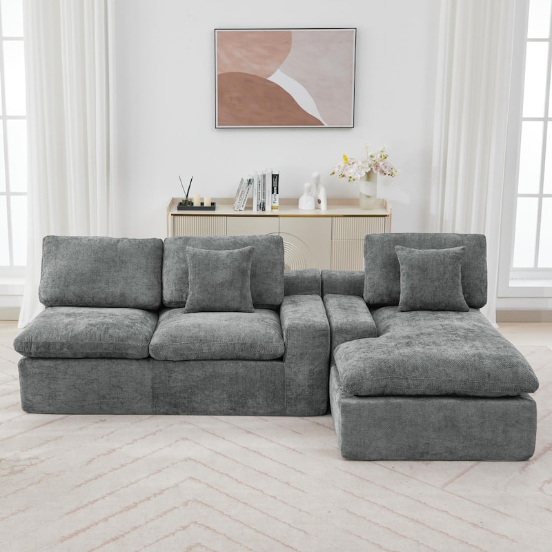 107.9" Grey Upholstered Sectional Sofa, Double-layer Cushions, Side Pockets & Throws, Free-combined for Living Room