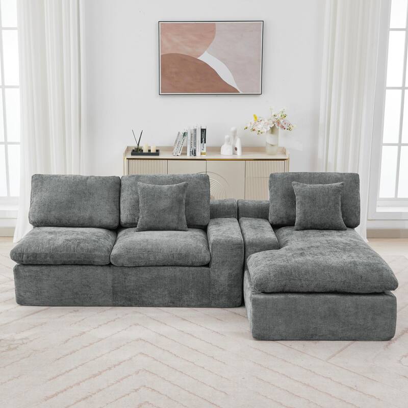 L-Shape Cloud Sectional Sofa with Chaise, Chenille Modular Boneless Upholstered Couche, Full-Compressed Sofa with Side Pockets