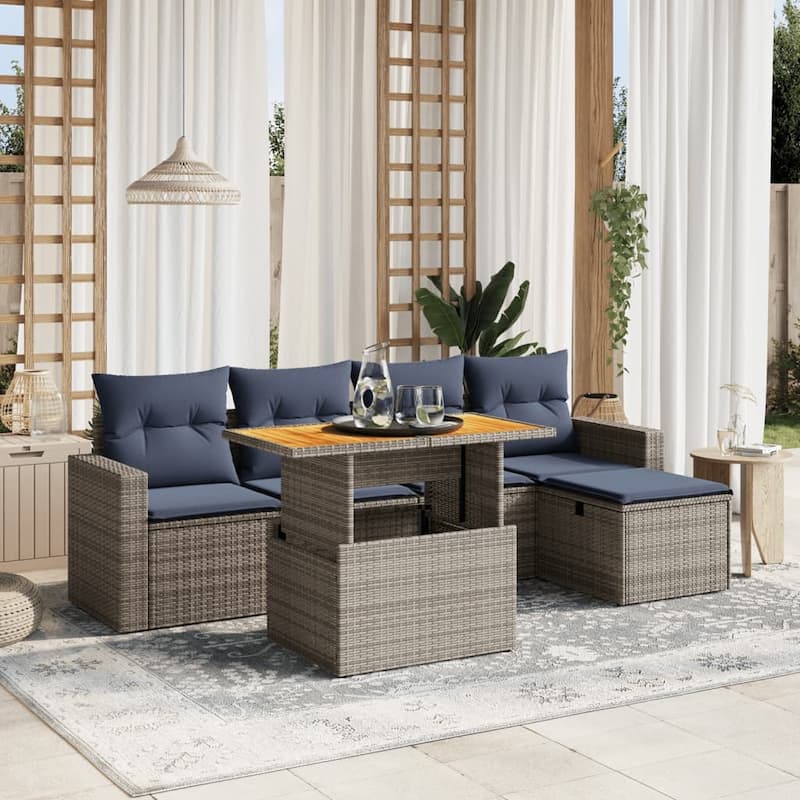 vidaXL Patio Sofa Set with Cushions Outdoor Furniture 6 Piece Poly Rattan - Grey - 21.7 x 24.4 x 27.2
