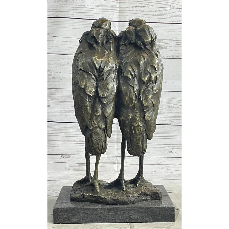 Two Birds Pelicans Storks Vultures Water Fowl Bronze Sculpture Statue On Marble Base
