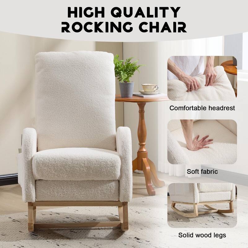 Wood Rocking Chair with Teddy Fabric and Side Pocket - 24.8"L x 29.5"W x 40.9"H