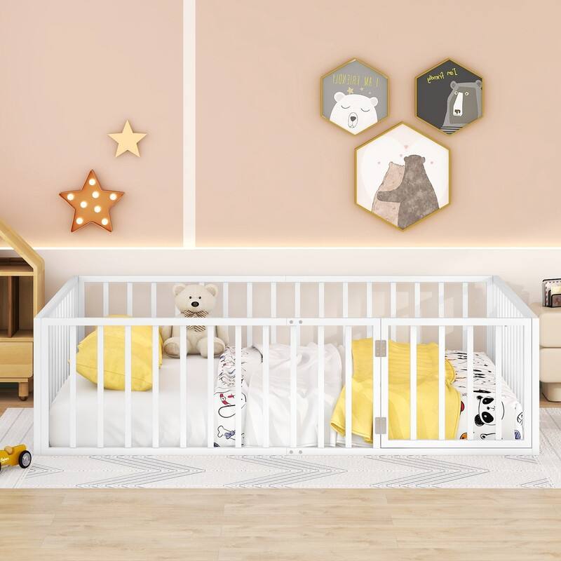 Queen Size Metal Floor Bed Frame with Fence&Door