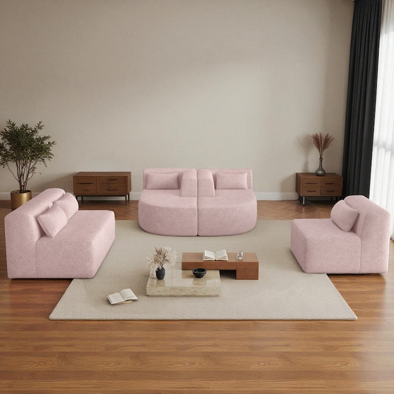 144" Modular Upholstered Sofa with 2 Curved Chaise Lounges and 5 Back Pillows, Boucle Free-Combined Couch for Living Room