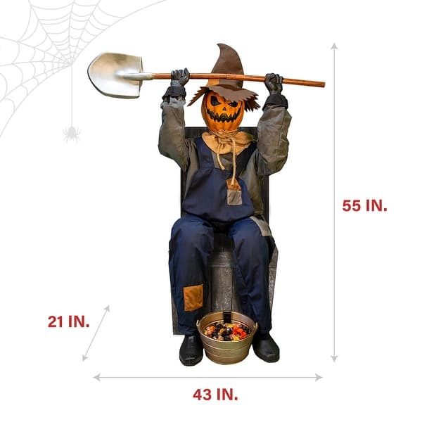 Haunted Hill Farm Smiling Jack the Shovel-Wielding Sitting Scarecrow by Tekky, Premium Talking Halloween Animatronic