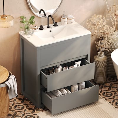 30" Bathroom Vanity with Ceramic Sink and 2 Full-Extension Drawers