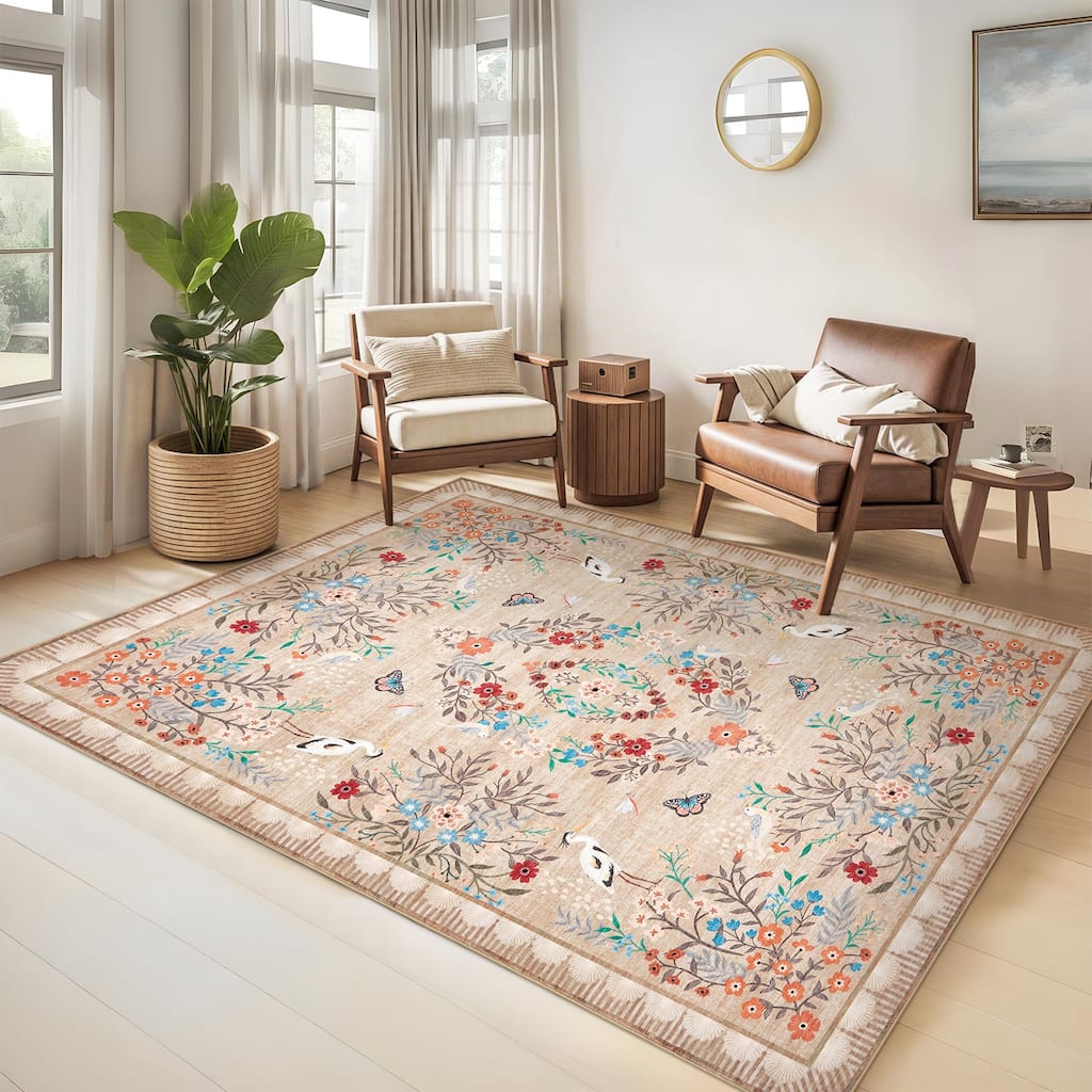 Garvee Vintage Botanical Bird Floral Area Rug