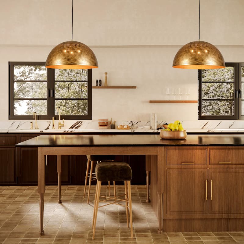 Rennnsan 3-Light Gold/Black Perforated Gold/Black Dome Pendant Light for Kitchen Island Dining Room