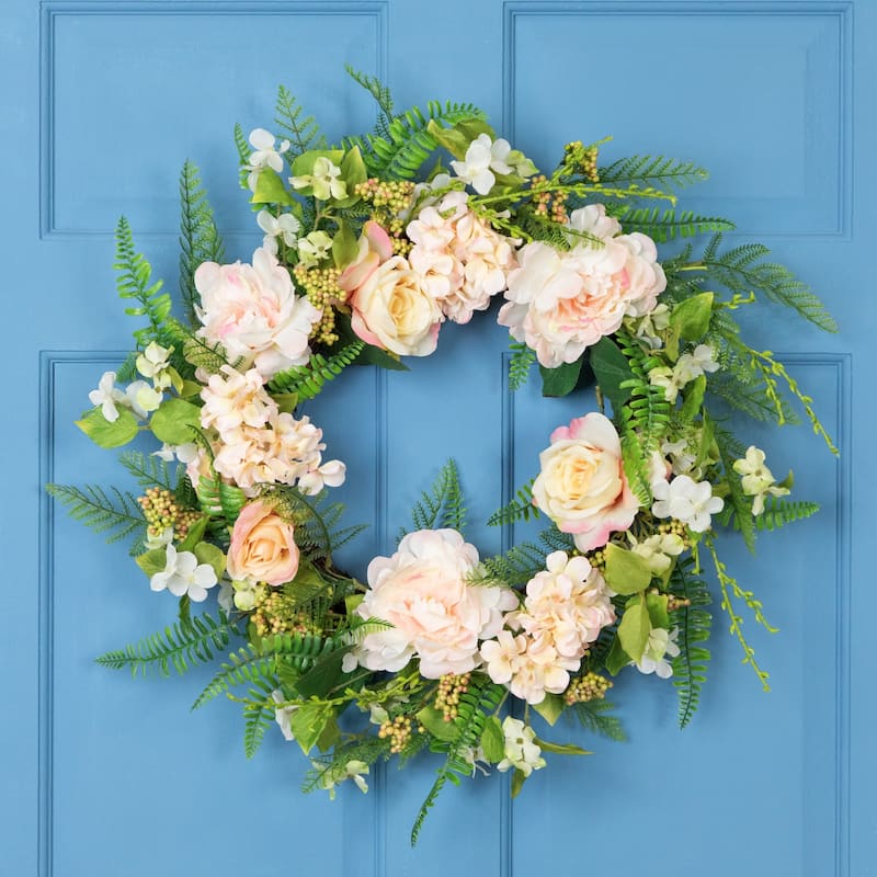 Rose and Peony Fern Artificial Floral Spring Wreath, Pink - 24-Inch