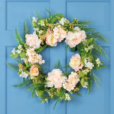 Rose and Peony Fern Artificial Floral Spring Wreath, Pink - 24-Inch