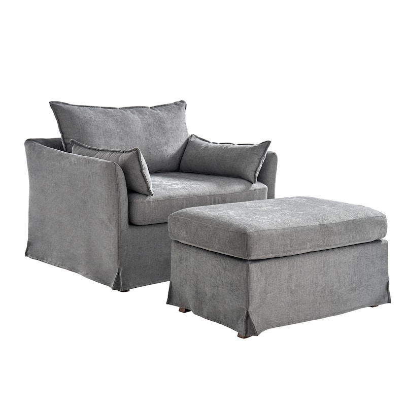 Sophie Modern Oversized Slipcovered Armchair and Ottoman with Lockable Rear Wheels by HULALA HOME