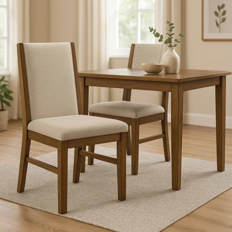 Liyo Set of 2 Side Dining Chairs, Brown Wood Frame, Beige Fabric Seating
