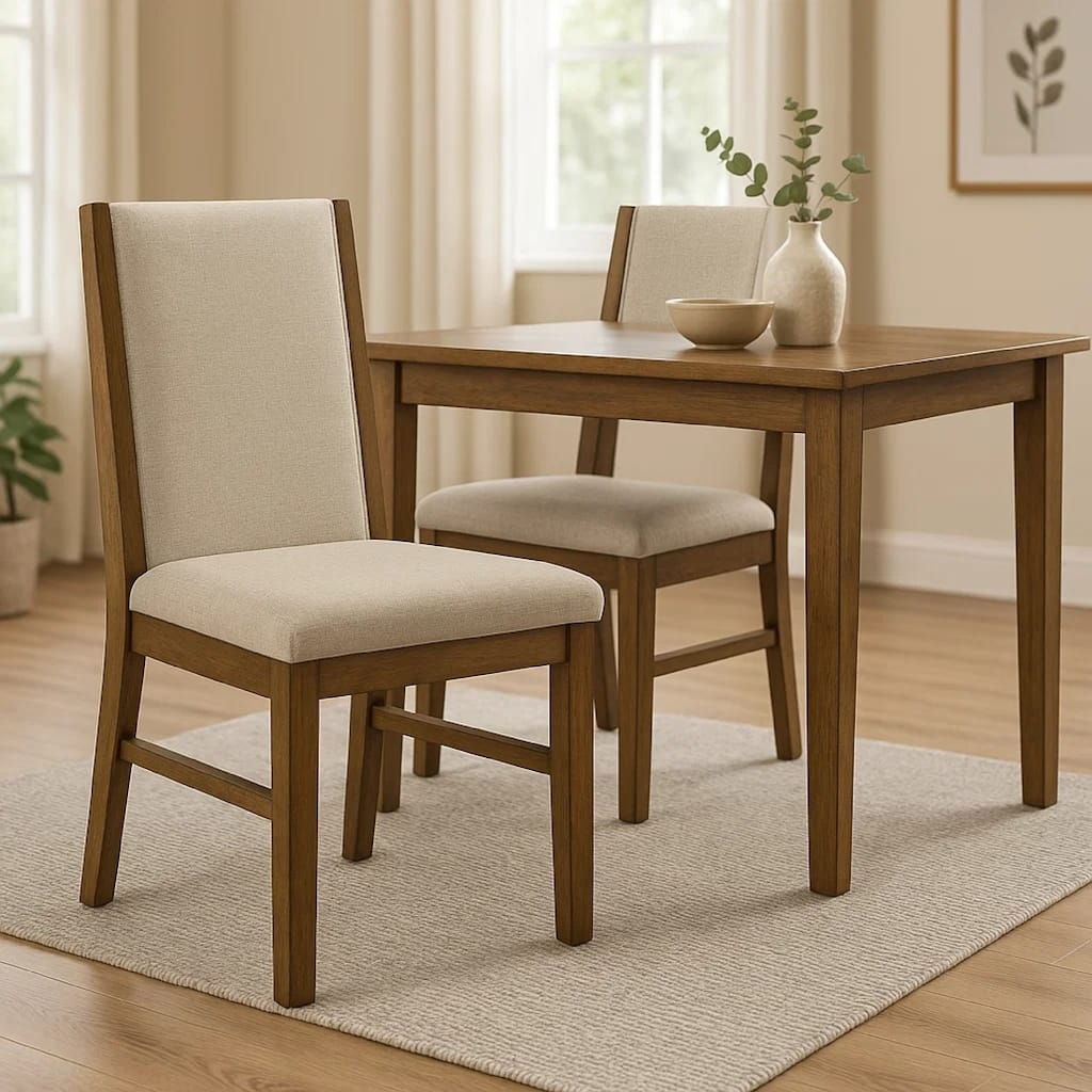 Liyo Set of 2 Side Dining Chairs, Brown Wood Frame, Beige Fabric Seating