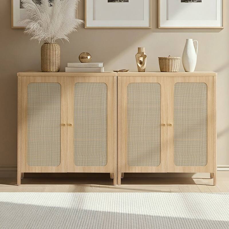 Spruce & Spring Boho Chic Sideboard Buffet Cabinet with Storage for Dining & Living Room - 2 Pieces - Oak