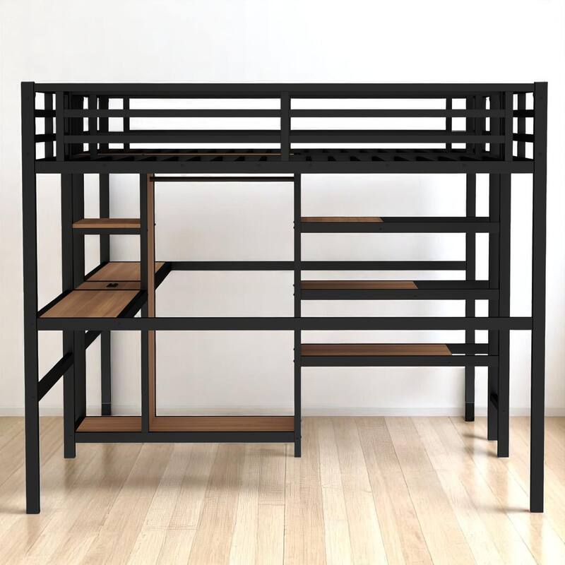 Twin Over Twin Metal Loft Bed with Dual Desks, Wardrobe, Charging Ports & Storage Shelves, Space-Saving Design for Kids & Teens