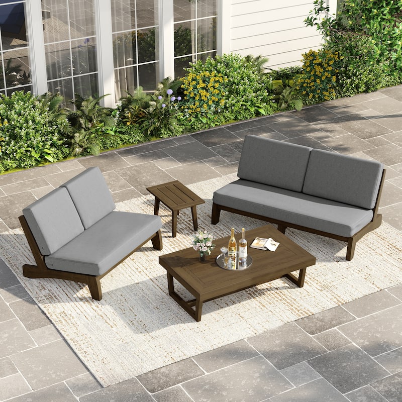 Casual Teak Outdoor Patio Conversation Set with Cushioned Sofa Loveaseat - Natural Wood - Grey-4 Piece