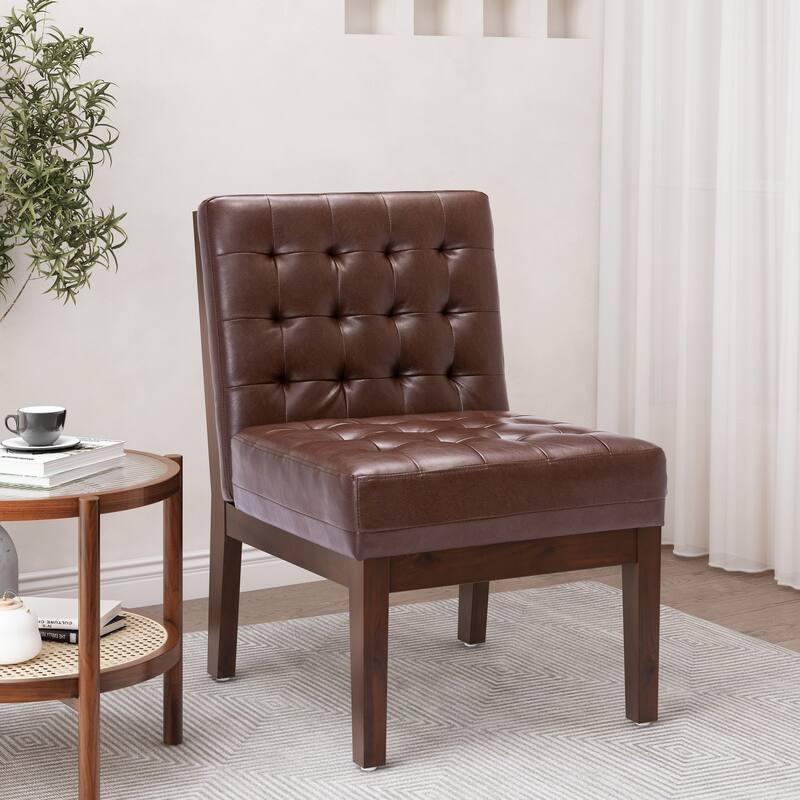 Dark Brown Modern 22.25" PU Upholstered Button Tufted Accent Chair with Rubber Wood Legs