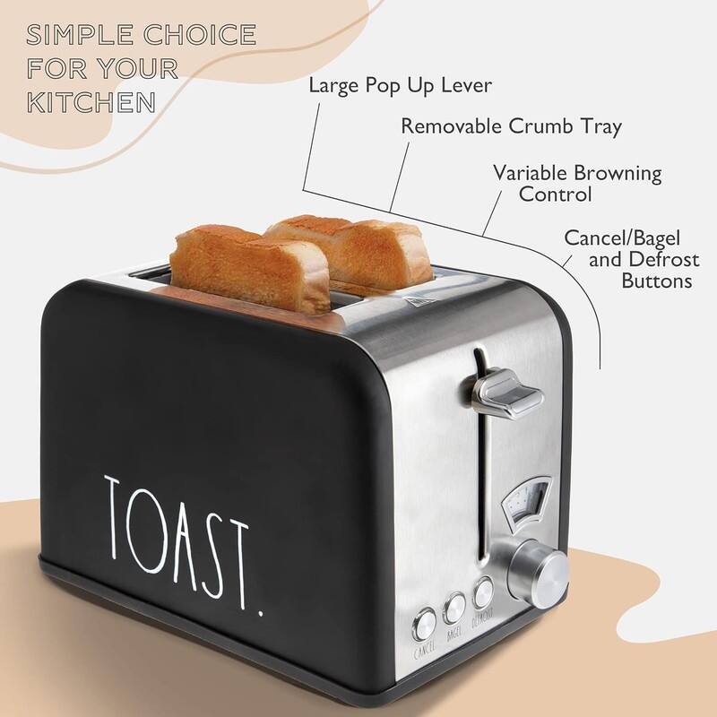 Rae Dunn Toaster, Stainless Steel 2 Slice Square Toaster, Wide Slot with 5 Browning Levels, with Bagel, Defrost