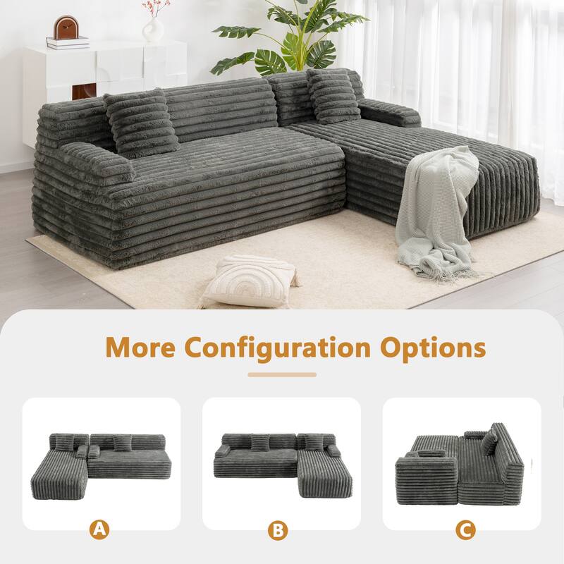 L Shape Modular Sectional Sofa with Chaise, Full-Compressed Boneless Couches, Faux Fur 3 Seat Sofa with 2 Throw Pillows