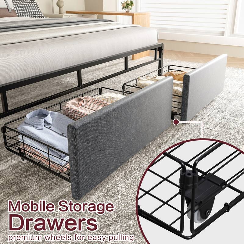 Queen Size Upholstered Bed with Storage Drawers, LED Headboard & USB Ports - Modern Fabric Platform Bed