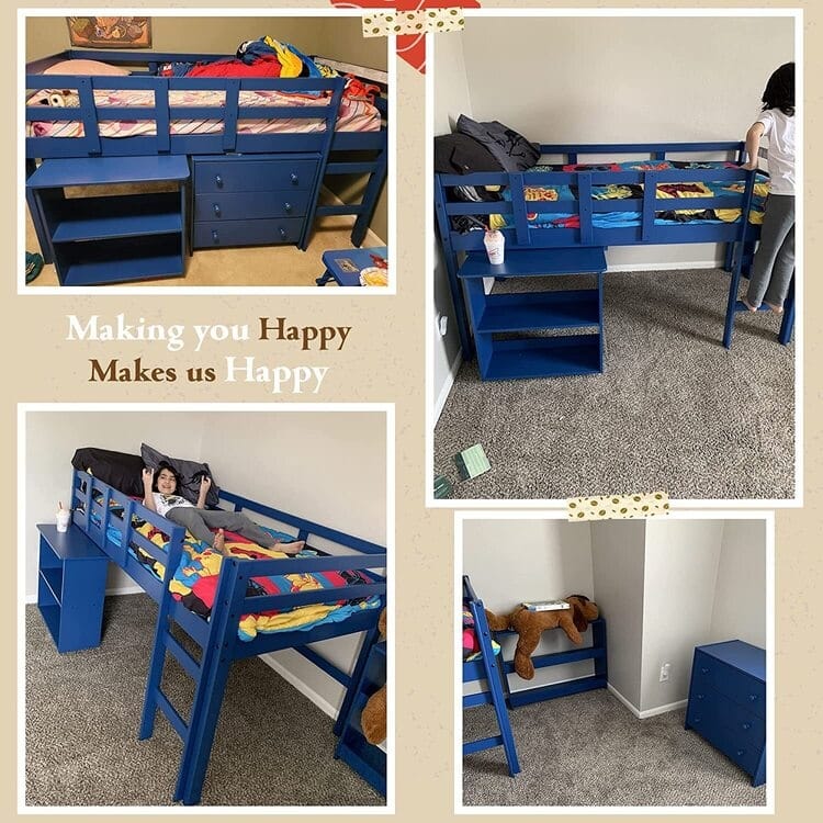Twin Size Loft Bed with Desk Low Study Kids Twin Loft Bed with Storage Pine Wood Loft Bed for Kids Twin Loft Bed with Cabinet