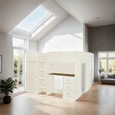 Wood Full Size Loft Bed with Built-in Wardrobe, Desk, Shelves, Drawers
