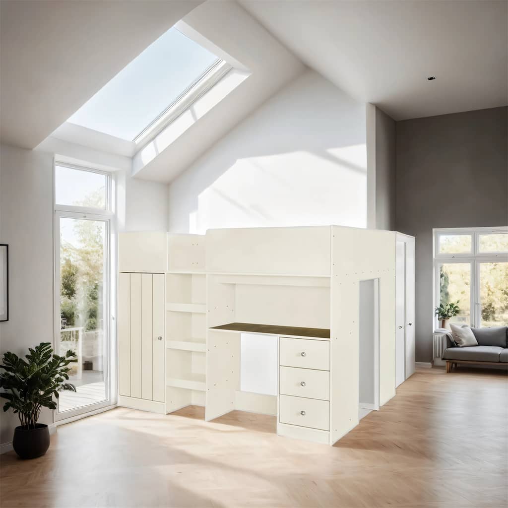 Wood Full Size Loft Bed with Built-in Wardrobe, Desk, Shelves, Drawers