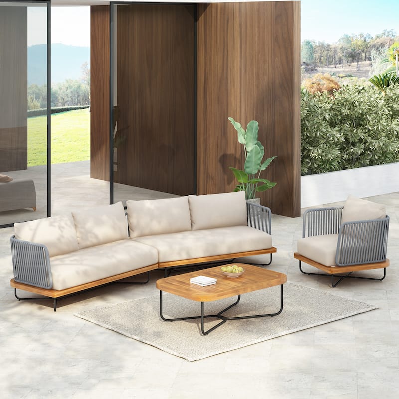 Christopher Knight Home - Evelyn Parker Elegant Lucca Outdoor Acacia Wood Sofa Set - 3pc sofa set - Teak Finish+Beige Cushion+light grey rope