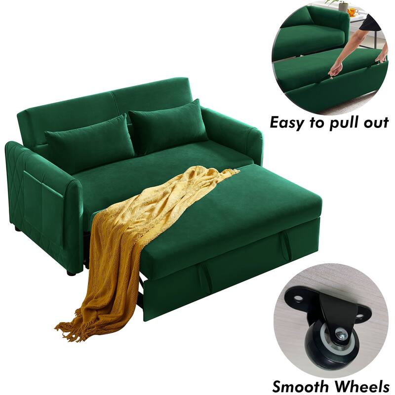 59.5" Modern Convertible Sofa Bed with 2 Detachable Arm Pockets, Velvet Loveseat Sofa with Pull Out Bed