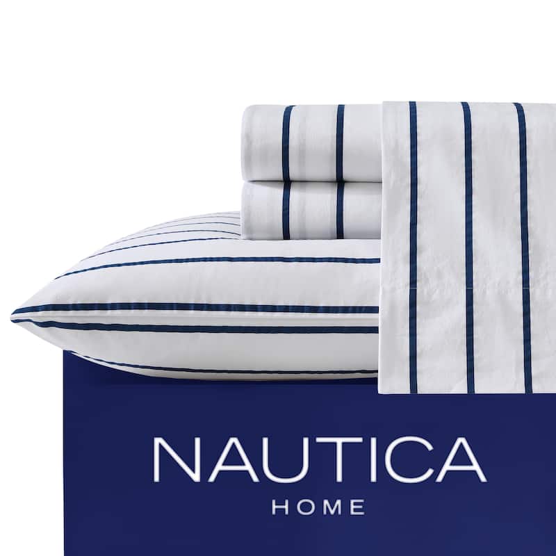 Nautica Cotton Percale Deep Pocket Bed Sheet Sets - Twin - Brenton Stripe Blue