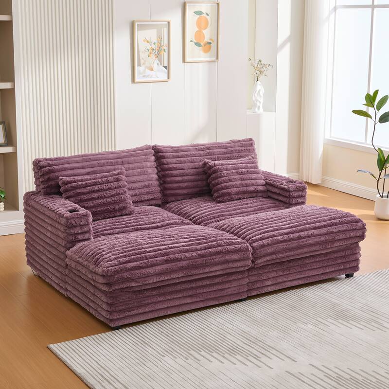 Oversized Double Chaise Lounge Sofa, Living Room 2 Seater Sofa Upholstered Sleeper Sofa Bed Daybed with USB Ports & Cup Holders