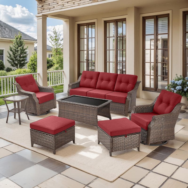 7PCS Outdoor Sofa Glider Chair Table with Ottoman - Brown Wicker & Red Cushion - 7PCS Sofa Glider Chair Table with Ottoman