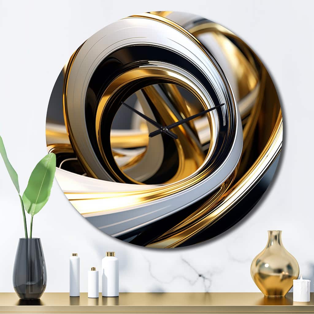 Designart "Liquid Gold Black And White Swirling Dimension I" Abstract Spirals Oversized Wall Clock