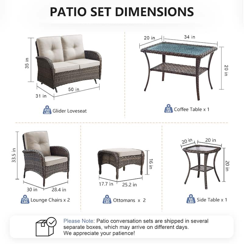 Pocassy 7 Pieces Glider Sofa with Patio Chairs Ottomans Table