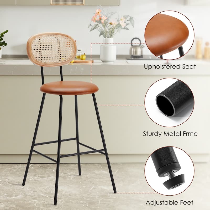 Stools Set of 2, Bar Stools, Indoor Metal Counter Height Barstools, Leather Counter Stool with Rattan Backrest