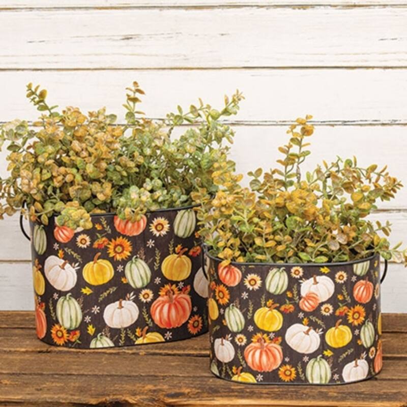 2/Set Watercolor Pumpkins and Sunflower Oval Metal Buckets