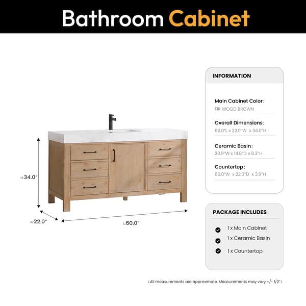 dimension image slide 5 of 8, Leon 60 in. Single Bathroom Vanity with Composite Stone Top