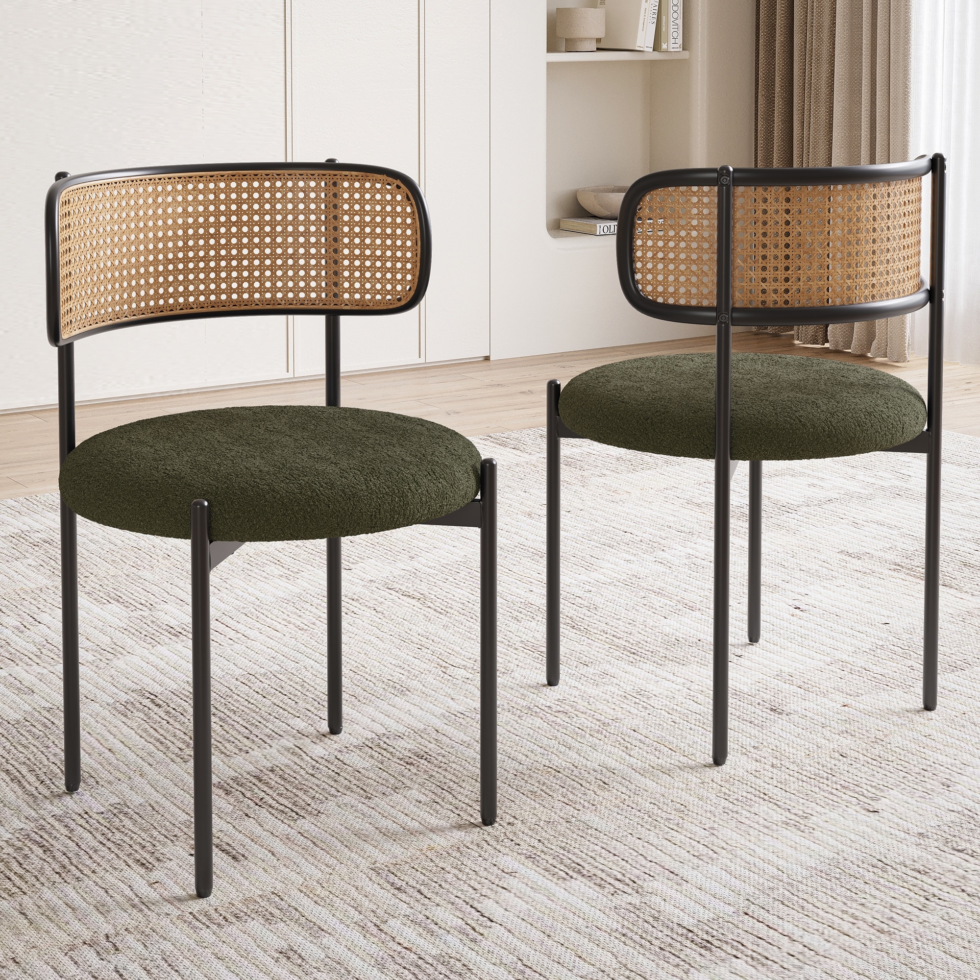 Modern Upholstered Dining Chairs Set Of 2, Rattan Back Dining Room Chairs With Metal Legs