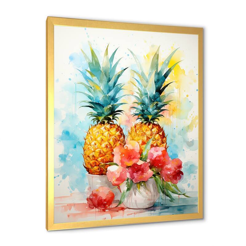 Designart "Aquarel Pineapple Painting" Pineapples Wall Decor Green - Traditional Living Room Framed Canvas Art