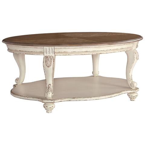 Two Tone Oval Cocktail Table with Bottom Shelf, Antique White and Brown