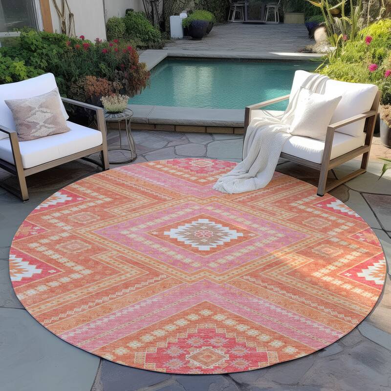 Machine Washable Indoor/ Outdoor Global Boho Chantille Rug - Coral - 8' x 8'