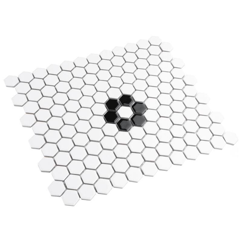 Merola Tile Metro 1" Hex Glossy White w/Single Flower 10-1/4" x 11-7/8" Porcelain Floor and Wall Tile