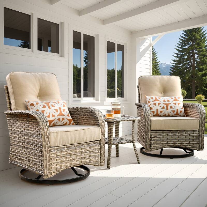 OVIOS 10 Pieces Outdoor Wicker Swivel Chair Set With Solar-Powered Coffee Table