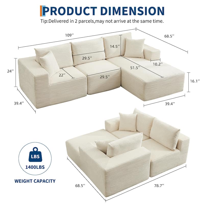 109'' Corduroy Modular Sectional Sofa with Chaise