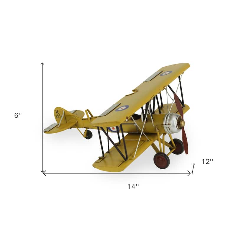HomeRoots 6" Yellow and Black Metal Hand Painted 1931's British Tutor Bi-Plane Model Airplane - 14' X '6' X '12